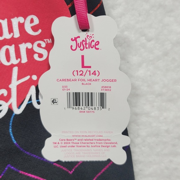 Justice Girls Care Bears Rainbow Foil Heart Black Sweatpants Sweats - Picture 4 of 7